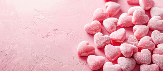 Poster - Valentine s Day themed image with heart shaped candies on a pink backdrop offering empty space for additional content