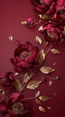 Poster - Elegant 3D Abstract Scene with Burgundy Peonies and Golden Leaf Details Against a Vintage Crimson Red Gradient
