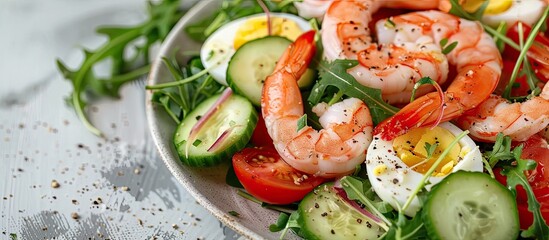 Poster - Salmon and shrimp salad with tomatoes cucumbers arugula eggs and avocado Suitable for ketogenic and paleo diets Ideal for copy space image