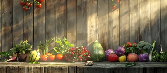 Poster - A rustic farm display features a selection of organic vegetables set against a wooden backdrop with sunlight streaming in embodying a countryside theme Perfect for depicting clean eating and local pr