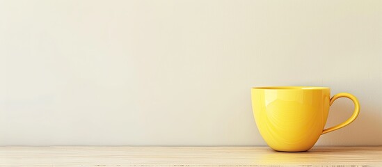 Fototapete - A yellow coffee cup on a desk with a blank background for text or images a copy space image