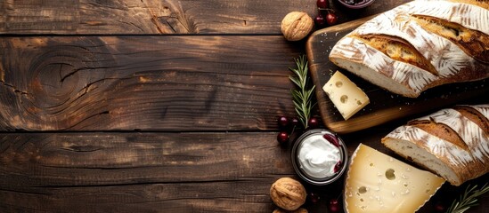 Aufkleber - Horizontal menu design featuring fresh bread Camembert cheese and cowberry jam on a vintage dark wooden table with copy space image