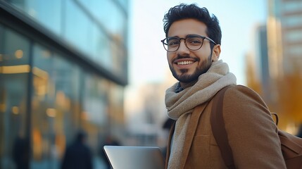 Leinwandbilder - Cheerful middle eastern young businessman in glasses with laptop and coffee to go walking by street towards modern office building going to job in the morning panorama with copy space : Generative AI