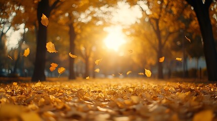 Poster - Beautiful autumn landscape with yellow trees and sun Colorful foliage in the park Falling leaves background : Generative AI