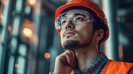 Aufkleber - Construction worker thinking serious man with ideas and architect or engineer in building industry on studio background Male contractor mockup and professional builder with helmet and  : Generative AI