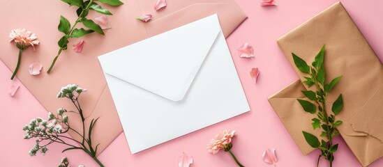 Aufkleber - A white card with an envelope a gift box and flowers placed on a pink background serving as a blank copy space image