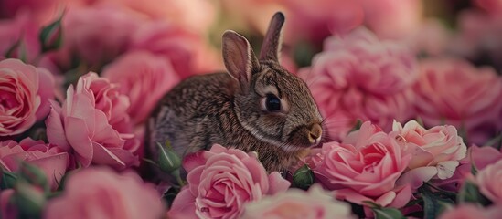 Canvas Print - Small bunny surrounded by pink roses in a copy space image