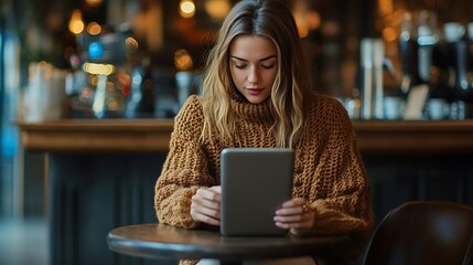 Poster - Young woman sitting and working on laptop and smart phone at coffee shop : Generative AI