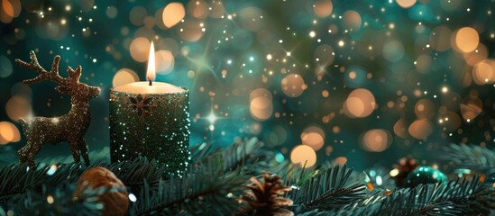 Leinwandbilder - Glass background with a Christmas candle green tinsel and sequined deer perfect for a copy space image