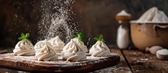 Aufkleber - A neat arrangement of uncooked Georgian khinkali sprinkled with flour on a kitchen board with copy space image