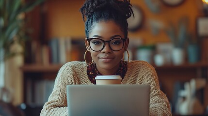 Aufkleber - Coffee laptop and thank you with a designer black woman at work in her office on a creative project Computer drink and gratitude with a happy female employee taking a break while worki : Generative AI