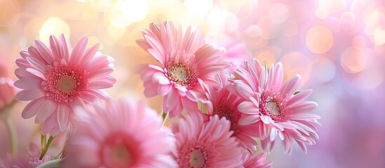 Fototapete - A festive background with delicate gerbera flowers in full bloom frames a soft pastel floral card Selective focus highlights the beauty of the image. Creative banner. Copyspace image
