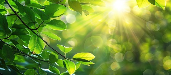 Poster - Sunlight filtering through lush green leaves creating a serene and natural copy space image