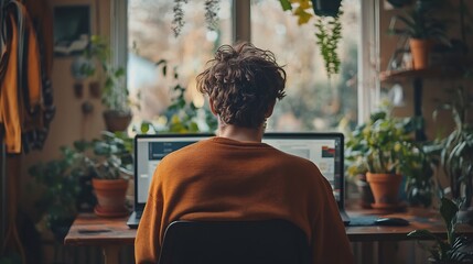 Rear view of young man using laptop computer checking email in morning at home : Generative AI