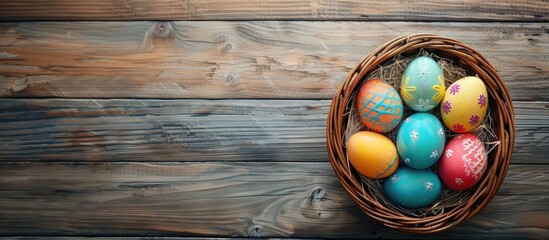 Poster - Easter eggs in a basket displayed on a wooden surface with a blank area for adding an image. Creative banner. Copyspace image