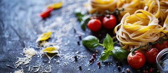 Aufkleber - A still life scene featuring raw homemade pasta and pasta ingredients on a blank background for a copy space image