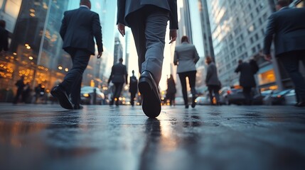 Poster - Office Managers and Business People Commute to Work in the Morning or from Office on a Sunny Day on Foot Pedestrians are Dressed Smartly Successful People Walking in Downtown Cloudy Da : Generative AI