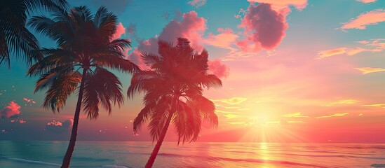Poster - Tropical palm trees against the sky create a stunning summer vacation scene with a fantastic sunrise ideal for travel and holiday design Includes space for ad text. Creative banner. Copyspace image