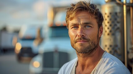 Portrait of a young muscular man driver standing in front of a truck