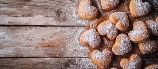 Aufkleber - Heart shaped cookies dusted with powdered sugar rest on a wooden table in a top view composition providing ample copy space for additional content