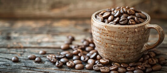 Poster - Selective focus on a mug of freshly roasted coffee beans placed on a rustic wooden table with space for inserting other images. Creative banner. Copyspace image