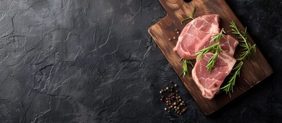 Poster - Raw pork with rosemary on a cutting board against a dark background in a top down view perfect for adding recipe text in the copy space image