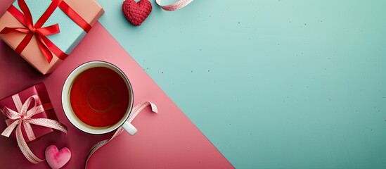 Leinwandbilder - Valentine s Day gifts and a cup of tea on a colored background with room for text making it a copy space image