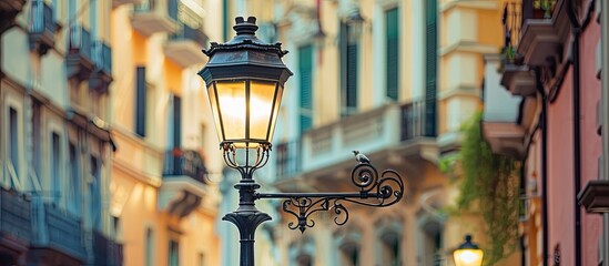 Aufkleber - European architecture provides the backdrop for a vintage lamp showcased on the street offering an appealing copy space image