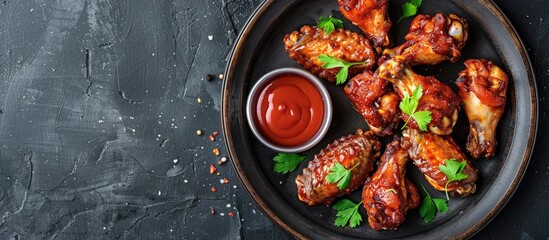 Poster - Top down shot of zesty chicken wings in Mexican or Chinese style served on a sleek metal platter with ketchup beside ideal for a copy space image