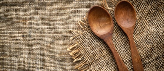 Poster - View from above of a wooden spoon and fork on a burlap surface with copy space image