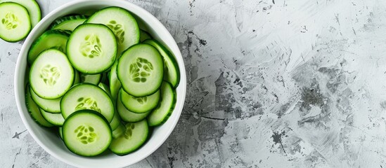 Poster - White bowl filled with cucumber slices against a copy space image