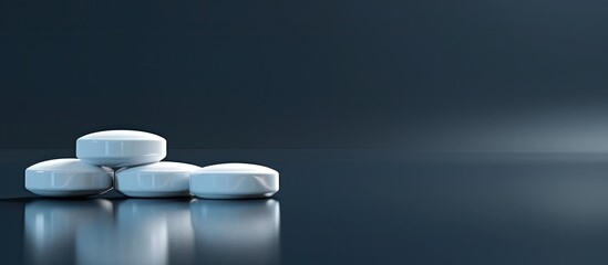 Aufkleber - White pills stacked neatly on a glossy black blue surface with copy space image
