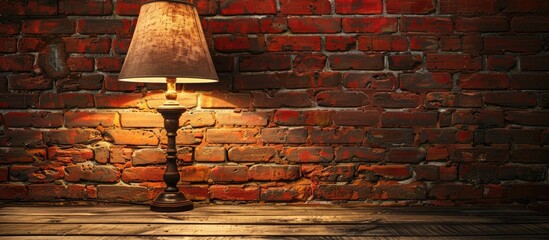 Aufkleber - Interior setting featuring an old lamp with a lampshade on a table set against a red brick wall background creating a suitable copy space image