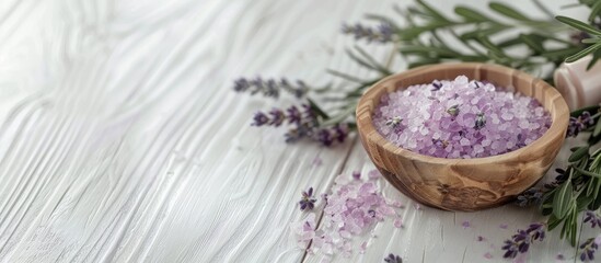 Poster - White wood table with beauty product samples and bath salt featuring fresh lavender and evergreen leaves creating a serene copy space image
