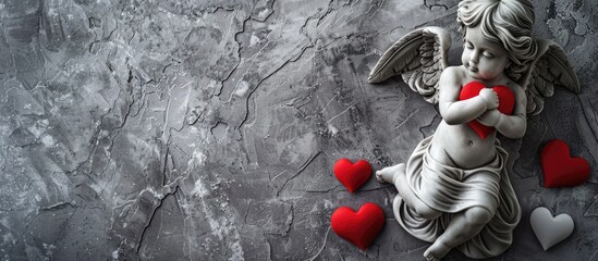 Poster - Valentine s Day themed background featuring an angel red hearts and gray stone backdrop Symbolizing love with a minimalist design Includes copy space image