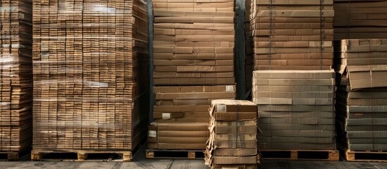 Poster - Warehouse storage facility with brown cardboard boxes for retail and wholesale featuring copy space image