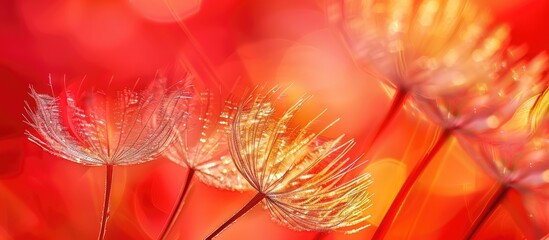 Fototapete - Macro close up image of dandelion pistils in spring showcasing their texture on a red background with copy space image