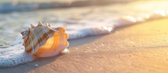 Aufkleber - Seashell on sandy beach with copy space image