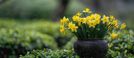 Fototapete - A vase with daffodils surrounded by boxwood provides a delightful copy space image