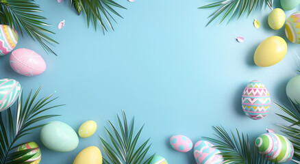 Wall Mural - Easter background with colorful eggs and palm leaves on blue, easter concept banner for web design or social media post template, flat lay.