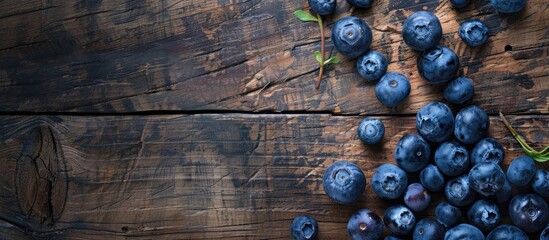 Aufkleber - Ripe blueberries placed on weathered wooden backdrop in a flat lay style with copy space image