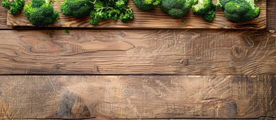 Aufkleber - Top view of organic broccoli florets on a wooden board with copy space image for added text or elements