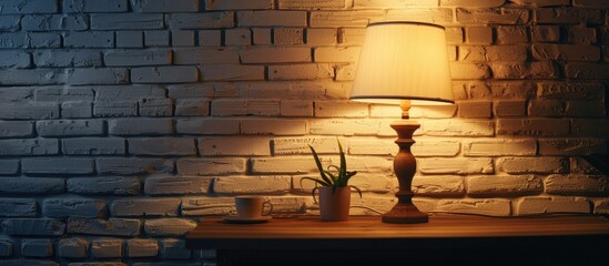 Poster - A lit lamp on a wooden table near a white brick wall creates a cozy ambiance in a dimly lit room with a copy space image