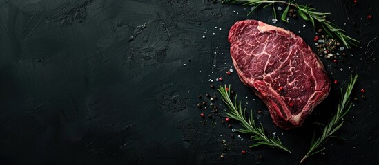 Poster - Raw beef meat with herbs like dry aged cowboy or rib eye steak showcased on a black background in a top view copy space image