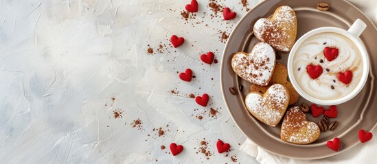 Poster - Valentine s Day spread featuring cappuccino heart shaped cookies and copy space image for customization