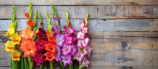Aufkleber - Vibrant gladioli arranged on a wooden backdrop with a decorative border above creating a postcard idea with an area for text within the image. Creative banner. Copyspace image