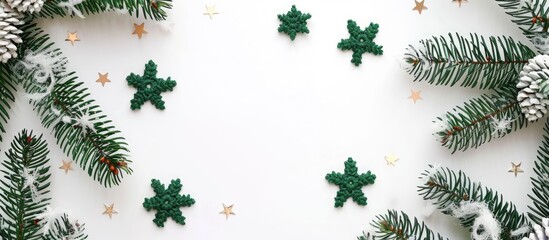 Aufkleber - Scandinavian handmade Christmas composition featuring crocheted green snowflakes and stars on a white background with a top view flat lay showcasing a copy space image