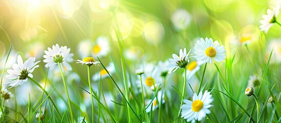 Sticker - Sunny spring background with chamomile flowers and grass creating a fresh vibrant look for a copy space image