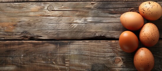 Poster - Wooden background with copy space image featuring eggs