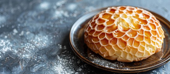Poster - Melonpan a popular Japanese food is a sweet bread with a unique appearance and crunchy cookie crust ideal for breakfast or snacks as seen in the copy space image